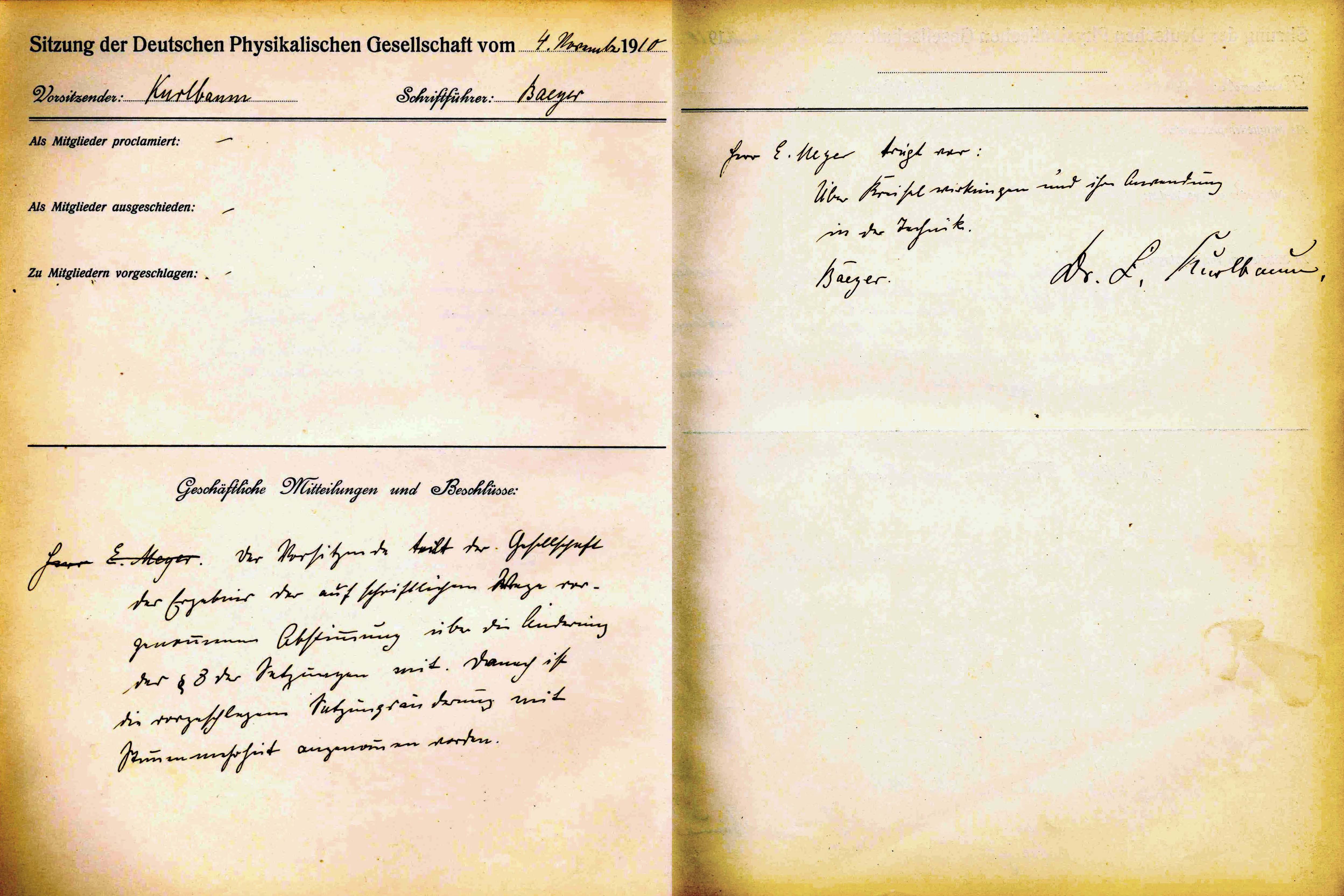 Auszug aus dem Protokollbuch der DPG