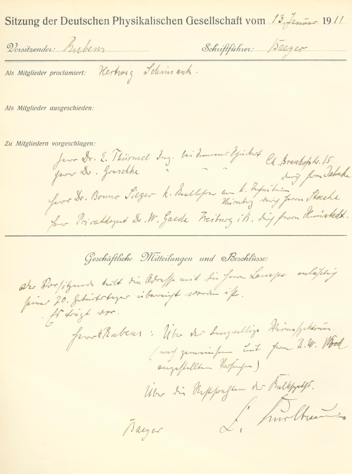 Auszug aus dem Protokollbuch der DPG