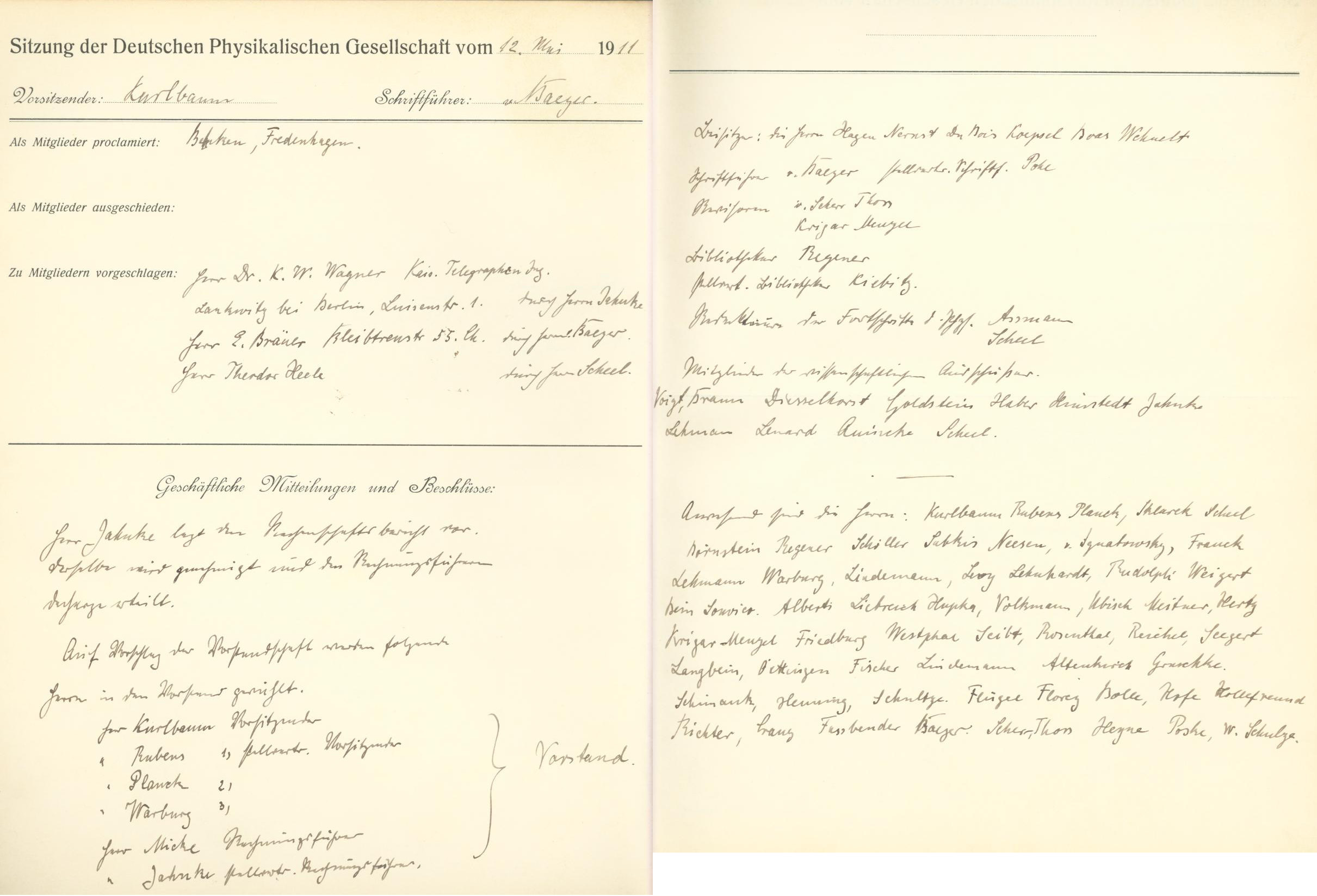 Auszug aus dem Protokollbuch der DPG