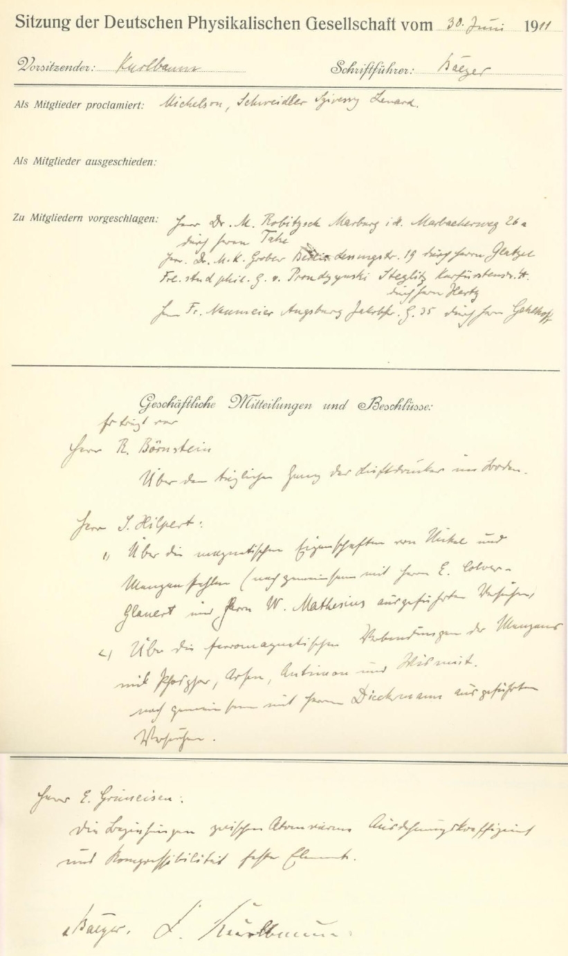 Auszug aus dem Protokollbuch der DPG