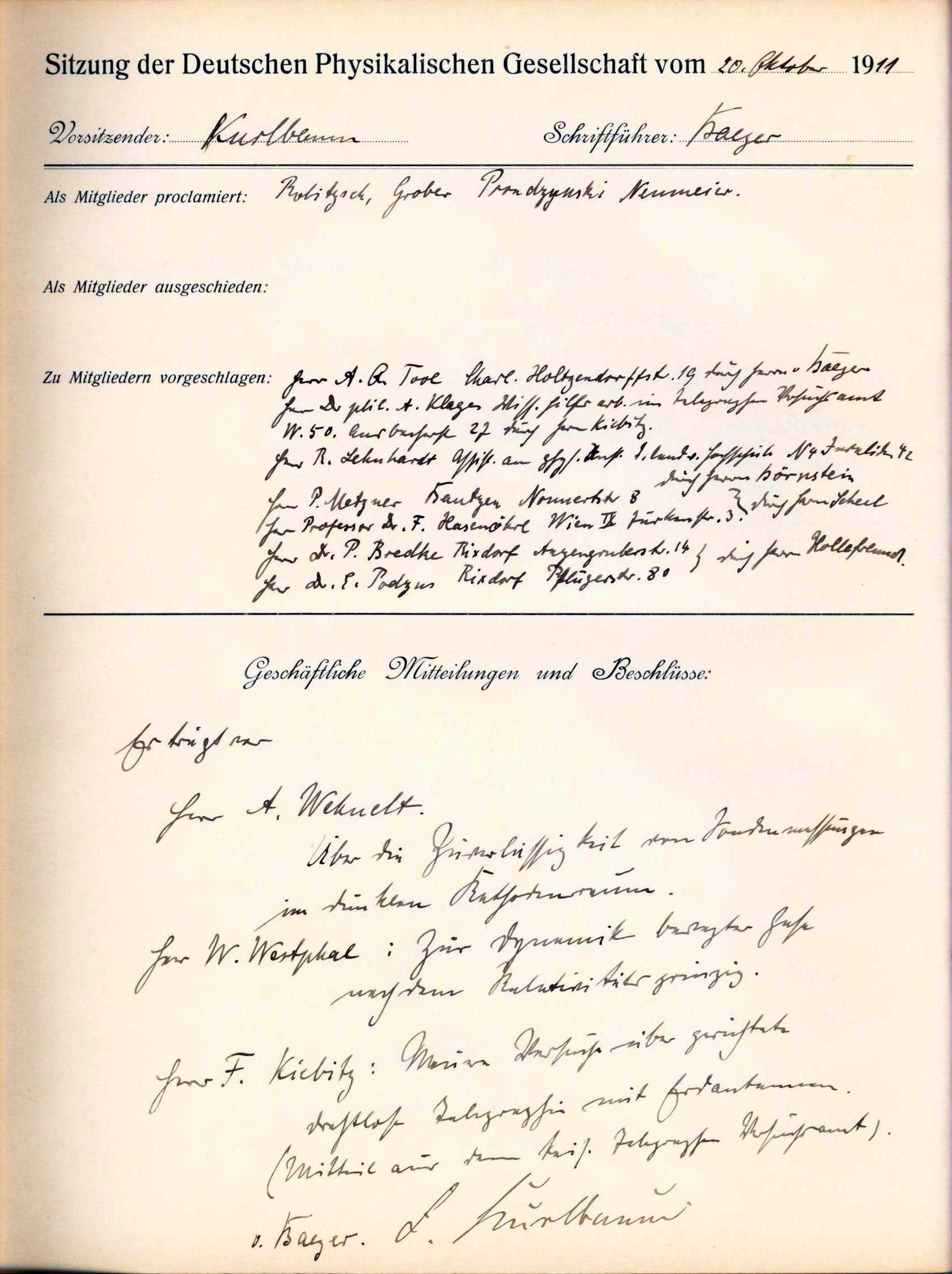 Auszug aus dem Protokollbuch der DPG