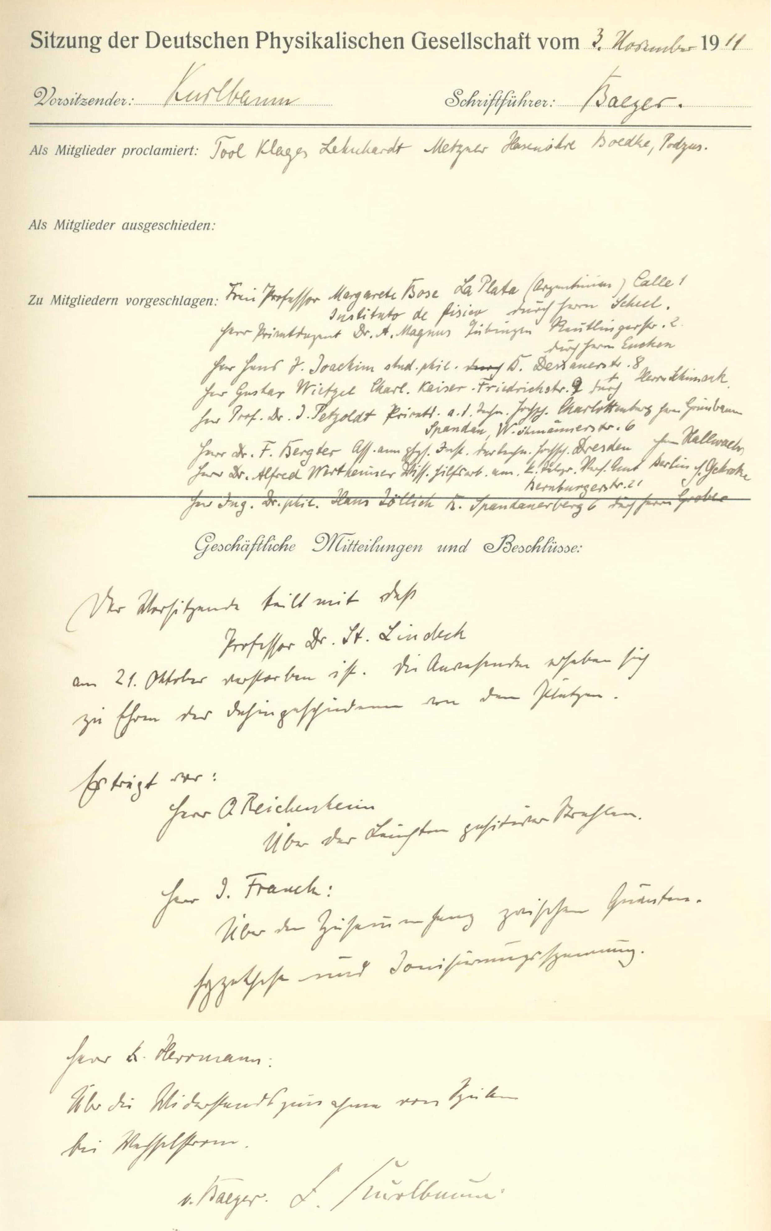 Auszug aus dem Protokollbuch der DPG