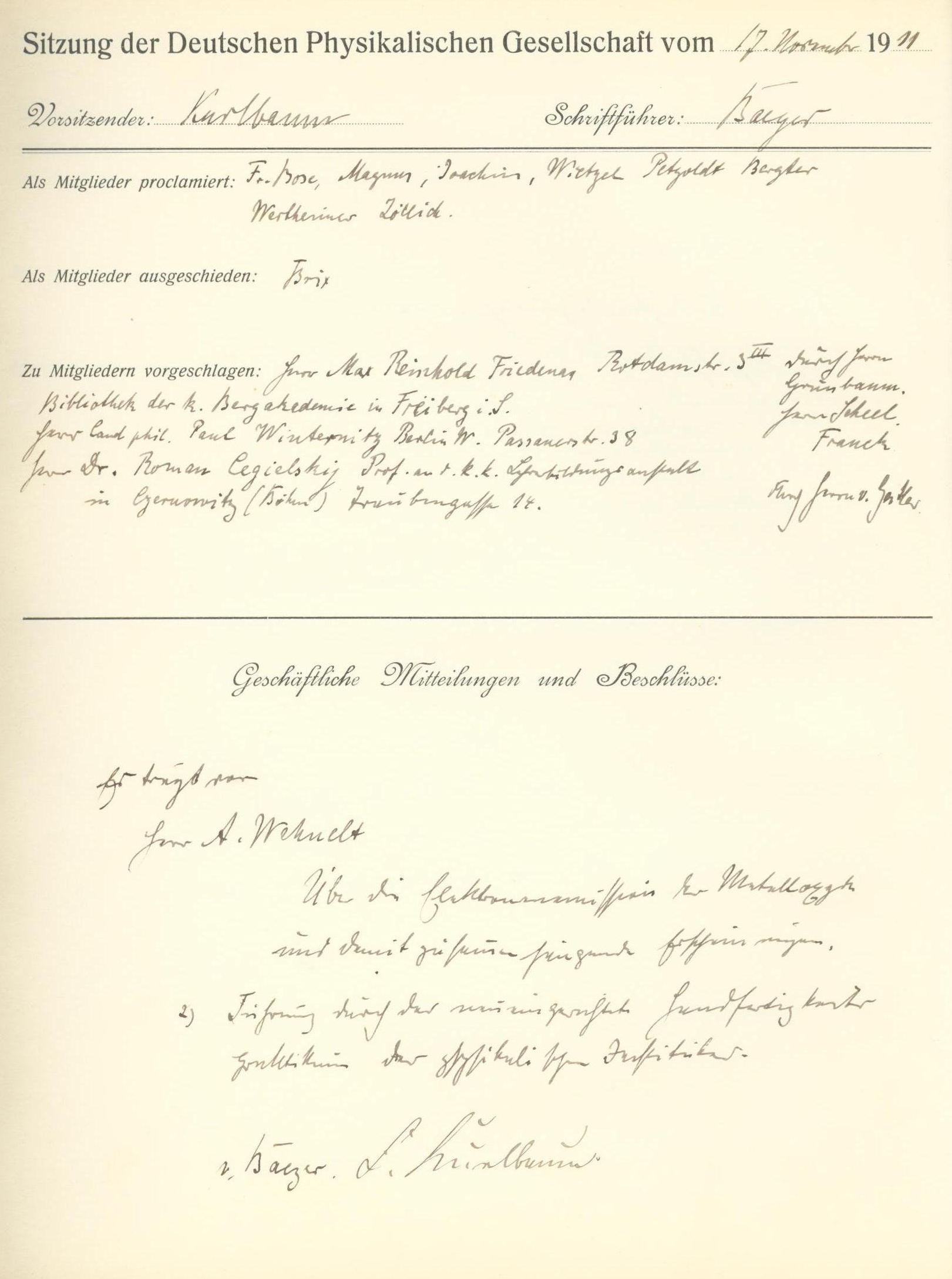 Auszug aus dem Protokollbuch der DPG