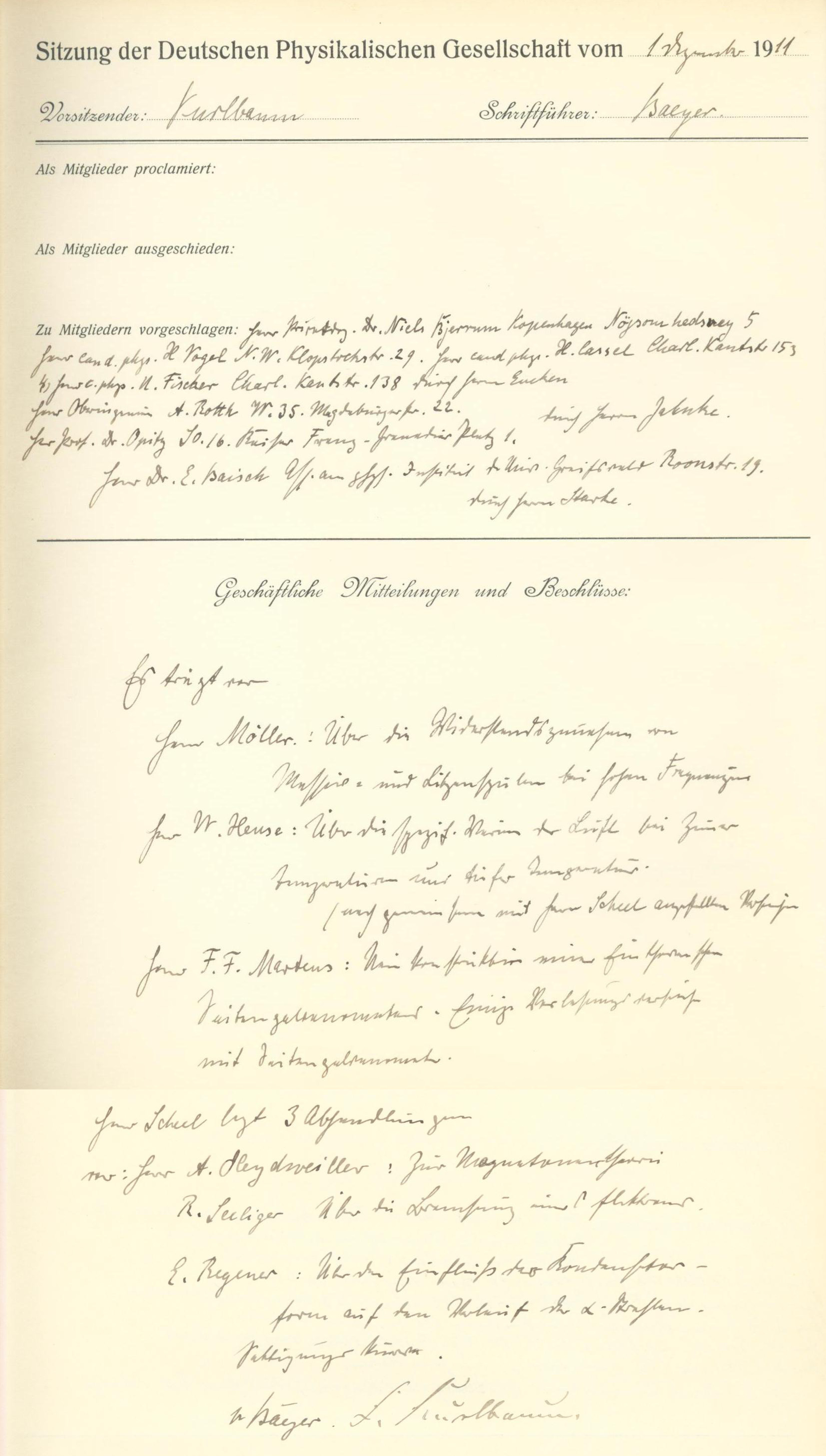 Auszug aus dem Protokollbuch der DPG