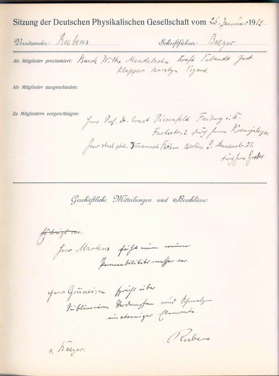 Auszug aus dem Protokollbuch der DPG