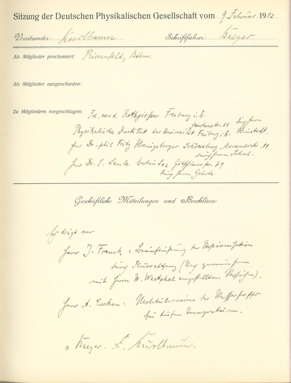 Auszug aus dem Protokollbuch der DPG