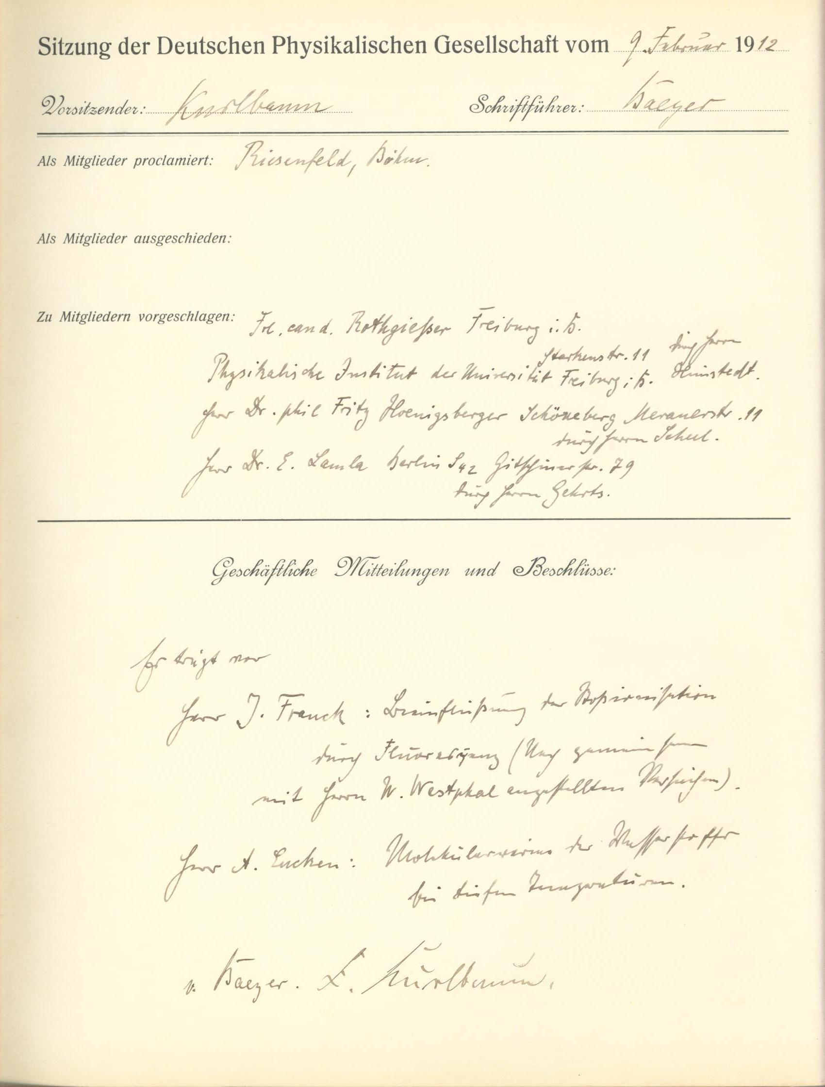 Auszug aus dem Protokollbuch der DPG