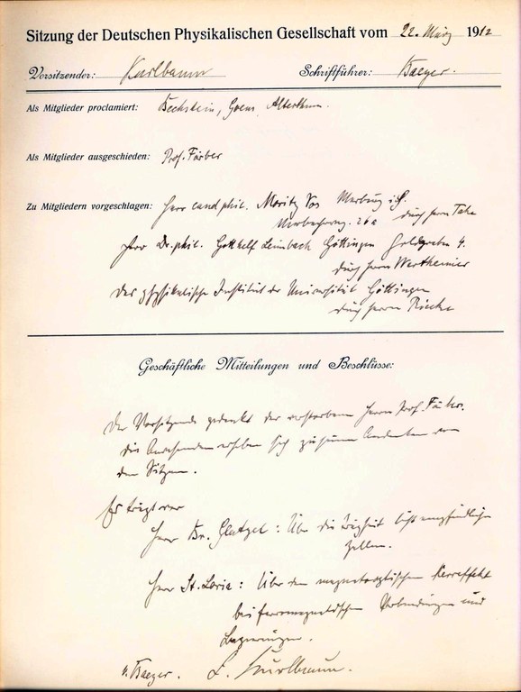 Auszug aus dem Protokollbuch der DPG