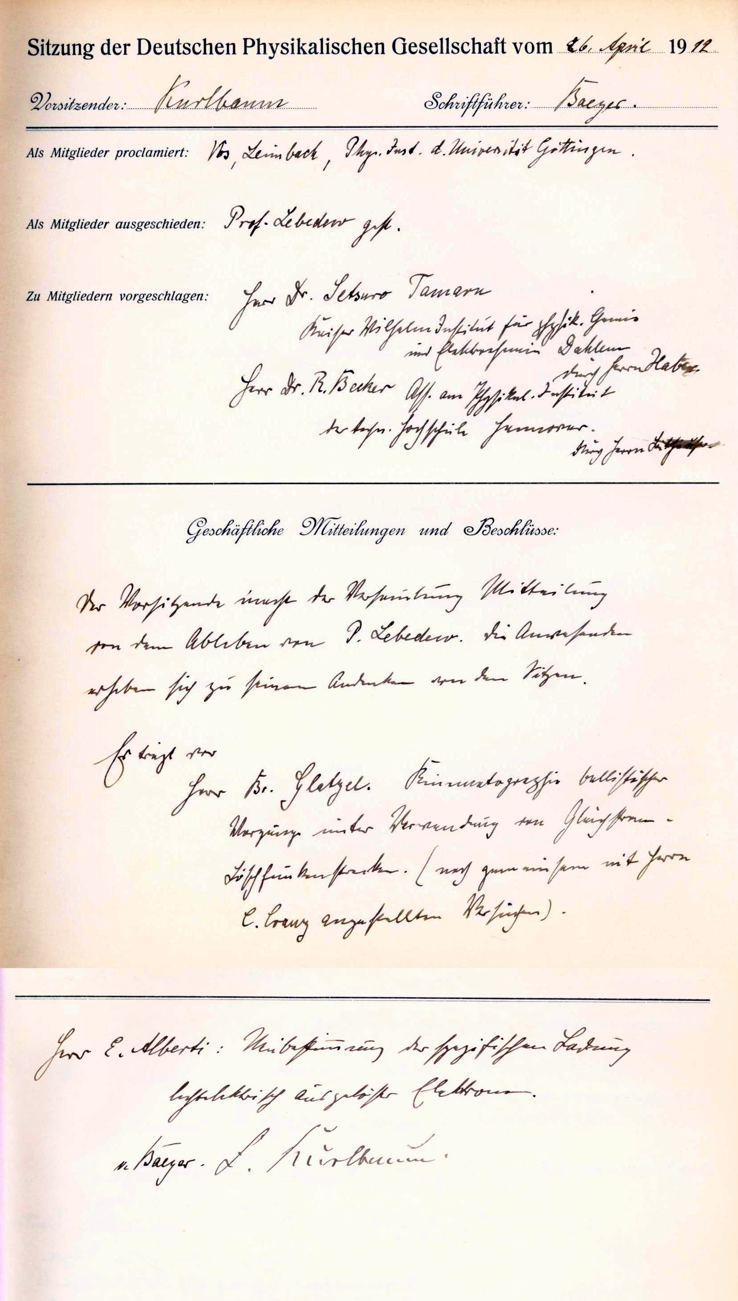 Auszug aus dem Protokollbuch der DPG