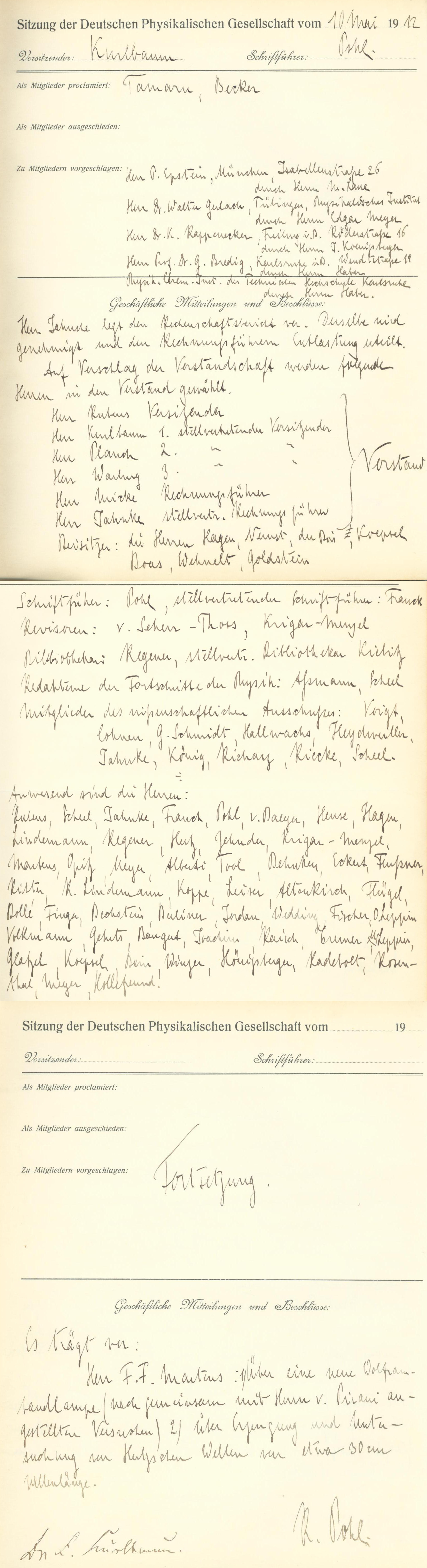 Auszug aus dem Protokollbuch der DPG