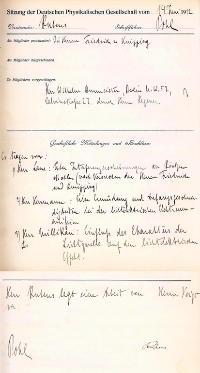 Auszug aus dem Protokollbuch der DPG