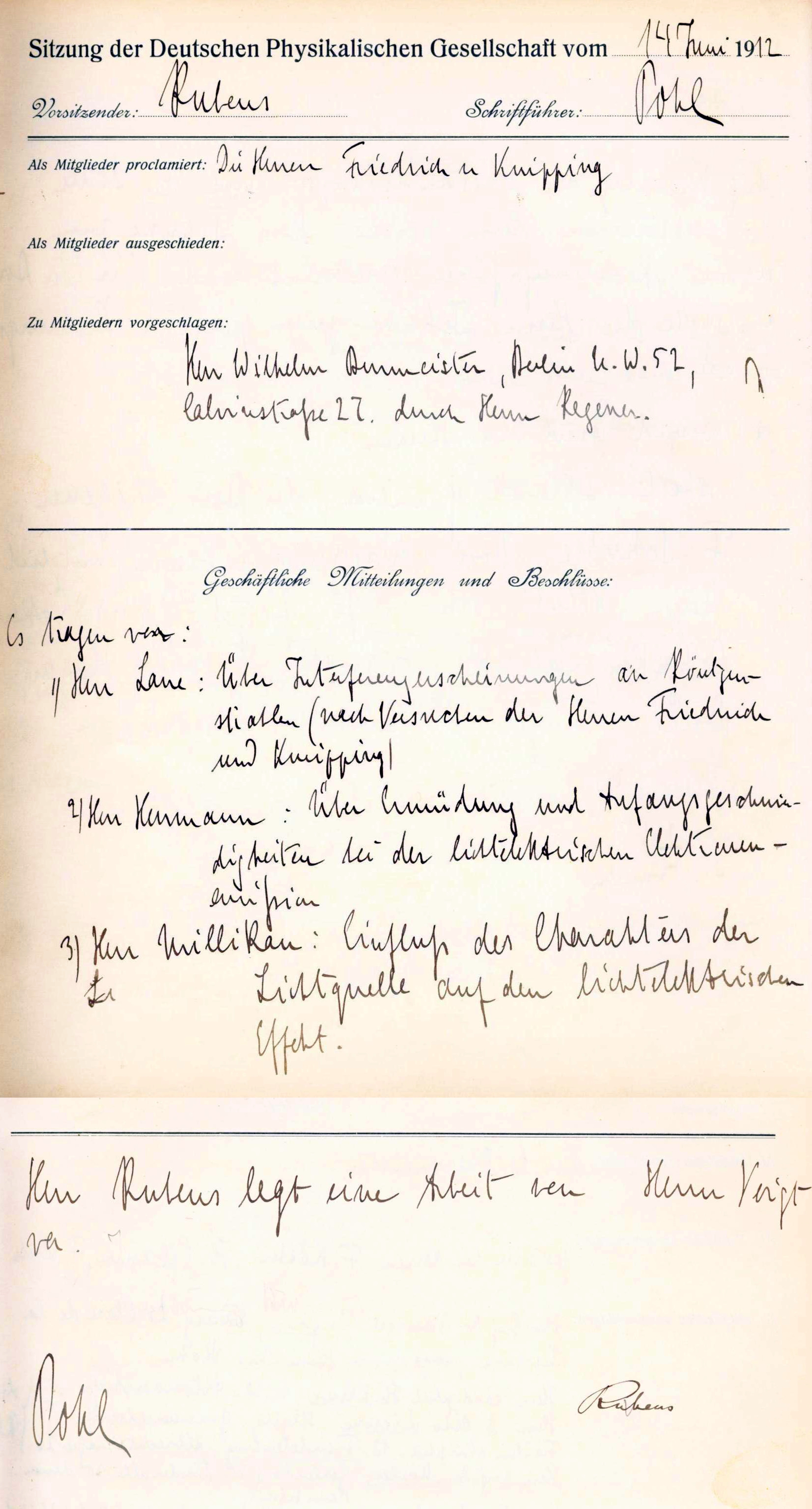 Auszug aus dem Protokollbuch der DPG