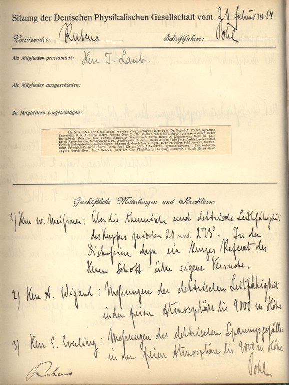 Auszug aus dem Protokollbuch der DPG