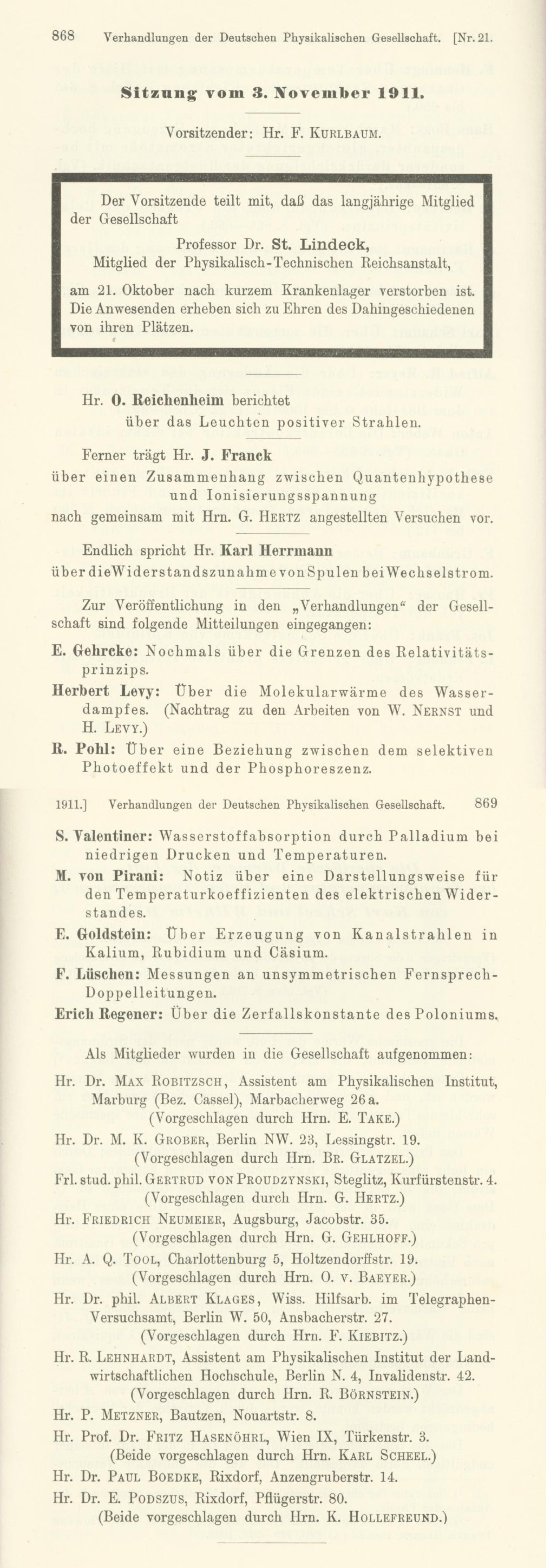 Auszug aus den Verhandlungen der DPG