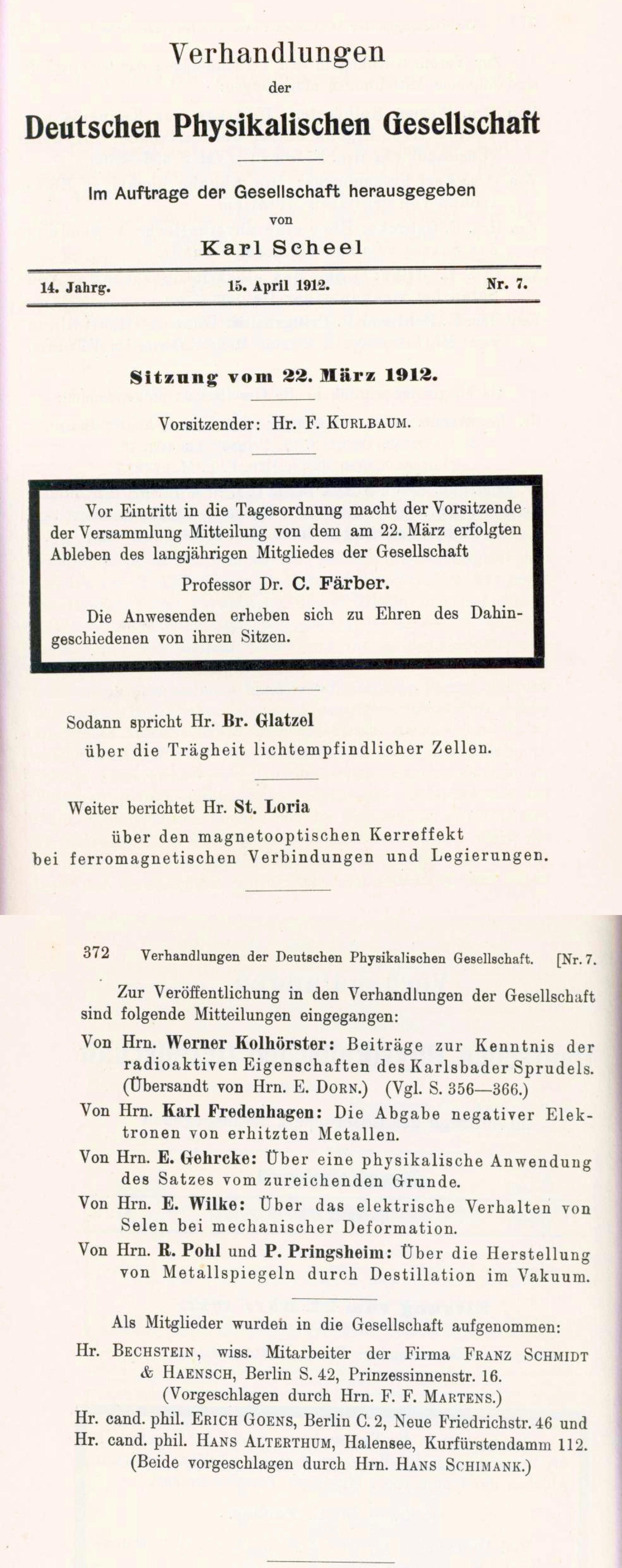 Auszug aus den Verhandlungen der DPG